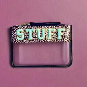 Large Pouch - STUFF, Pink Leopard Print With Aqua Teal Patches Great For Makeup